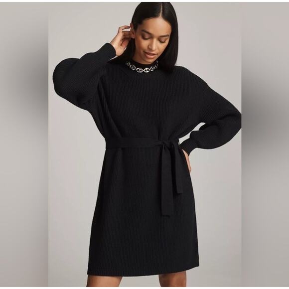 Maeve by Anthropologie Black Belted Mock-Neck Sweater Mini Dress Size XL New - Picture 1 of 9